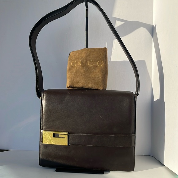 Auth. Vintage Gucci By Tom Ford Era Leather Shoulder Handbag ~ in Dark Brown - Picture 2 of 16
